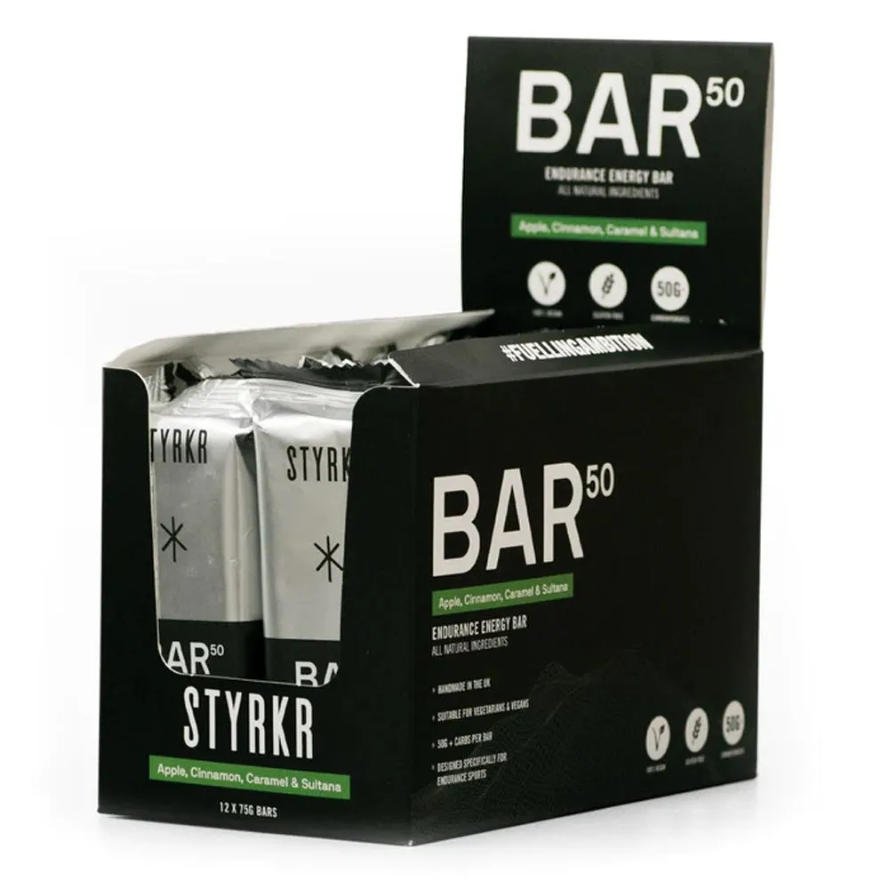 Js Cycles Styrkr STYRKR - BAR50 Apple Cinnamon and Caramel Energy Bar X12 Black 50g | Free delivery over £50 & Cycle Scheme available.