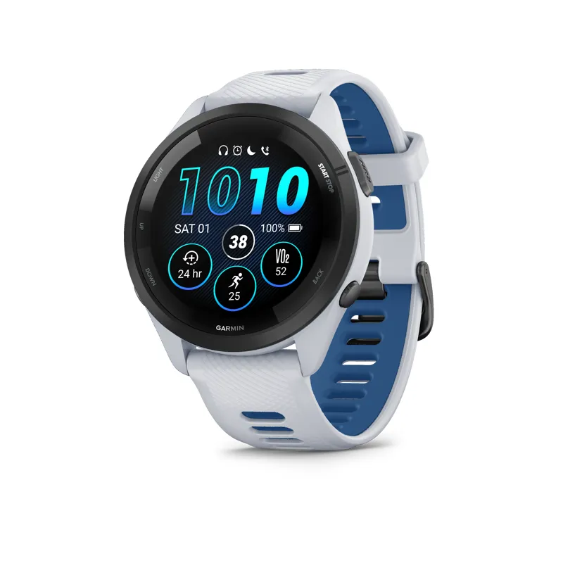 Garmin Forerunner 265 Black Bezel with Whitestone Case and Whitestone/Tidal Blue Silicone Band