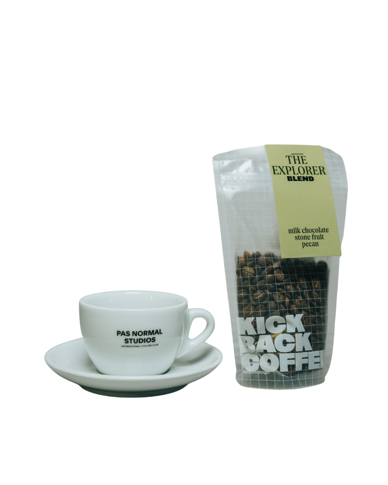 Pas Normal Studios Cappuccino Mug and Saucer x Kickback Coffee Gift Bundle 
